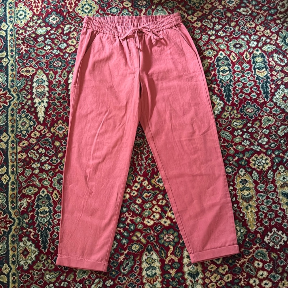 J. Crew Drawstring Linen Blend Pull On Pants Salmon Pink EUC